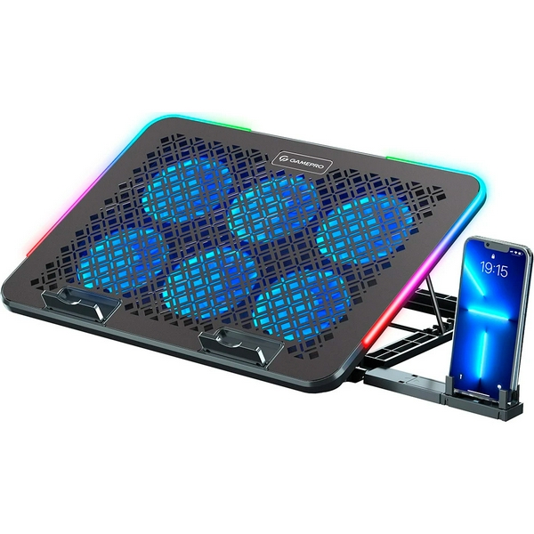 Підставка для ноутбука до 15.6" GamePro CP590, Black, RGB підсвічування, 6 x 60 мм вентилятор (24.6 dB 2860 rpm), метал/пластик, 2xUSB 2.0, 360 x 255 x 28 мм, 820 г, регулювання швидкості вентиляторів та кута нахилу