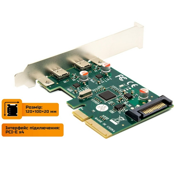 Плата розширення Frime PCI-E x4, 2xType-C 3.1 Gen2, чіп ASM1142, живлення SATA (ECF-PCIEtoUSB009.LP) - 3