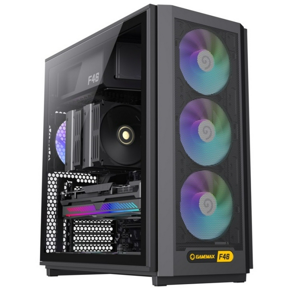 Корпус GameMax F46, Black, без БЖ, Mini Tower, ATX / Micro ATX / Mini ITX, Type-C / 2xUSB 3.0, макс. CPU - 169 мм / VGA - 350 мм, 4x120 мм ARGB, бічна панель із загартованого скла