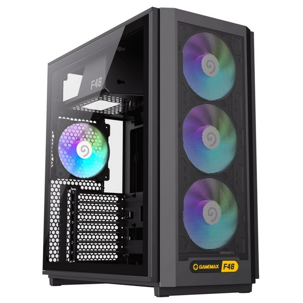 Корпус GameMax F46, Black, без БЖ, Mini Tower, ATX / Micro ATX / Mini ITX, Type-C / 2xUSB 3.0, макс. CPU - 169 мм / VGA - 350 мм, 4x120 мм ARGB, бічна панель із загартованого скла - 2