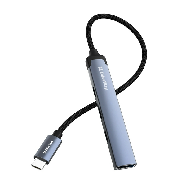 Хаб USB ColorWay "4-in-1", Grey, Type-C 3.0 - 3xType-C 2.0 / 1xUSB 3.0, кабель 12 см, алюмінієвий корпус (CW-HUB07)