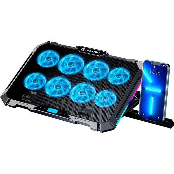 Підставка для ноутбука до 17" GamePro CP795, Black, RGB підсвічування, 4 х 80 мм, 4 х 70 мм вентилятор (25 dB 2320 rpm), метал/пластик, 2xUSB 2.0, 395 x 265 x 30 мм, 910 г, регулювання швидкості вентиляторів та кута нахилу