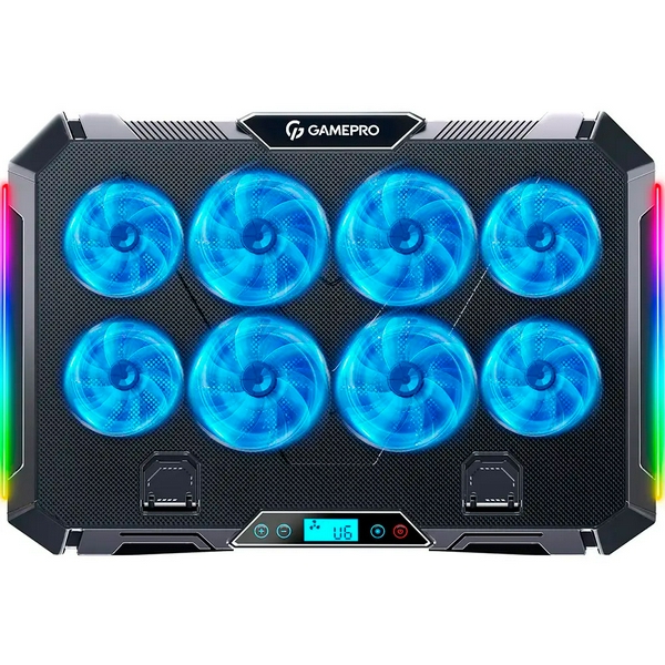 Підставка для ноутбука до 17" GamePro CP795, Black, RGB підсвічування, 4 х 80 мм, 4 х 70 мм вентилятор (25 dB 2320 rpm), метал/пластик, 2xUSB 2.0, 395 x 265 x 30 мм, 910 г, регулювання швидкості вентиляторів та кута нахилу - 2