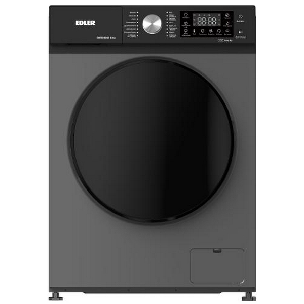 Пральна машина Edler EWF6390iGR, Dark Grey, 6кг, фронтальна, 16 програм, 1000 об/хв, чорний люк, інвертор, сенсорний дисплей, підсвітка баку, пара, штормове прання, комбіноване керування, барабан «Snowflake», відкладений старт, A+++, 85x59.5x44см