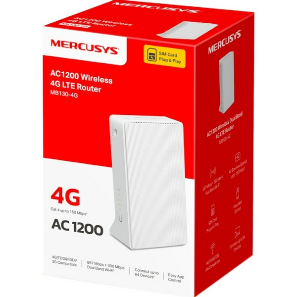Модем 4G Mercusys MB130-4G, White, 2.4 ГГц / 5 ГГц, (300 Мб/с / 867 Мб/с), LAN, WAN, Wi-Fi, 3G, 4G/LTE - 3