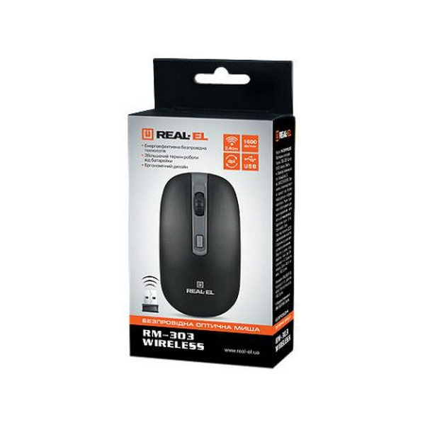 Миша REAL-EL RM-301 Wireless, Black, бездротова, USB, оптична, 800/1200/1600 dpi, 4 кнопки, 1xAA - 6