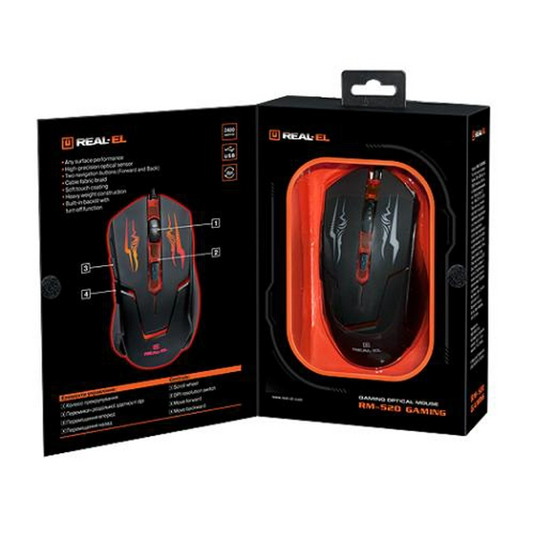 Миша REAL-EL RM-520 Gaming, Black, USB, оптична, 800/1200/1600/2400 dpi, 5 кнопок, 1,5 м, LED підсвічування - 3