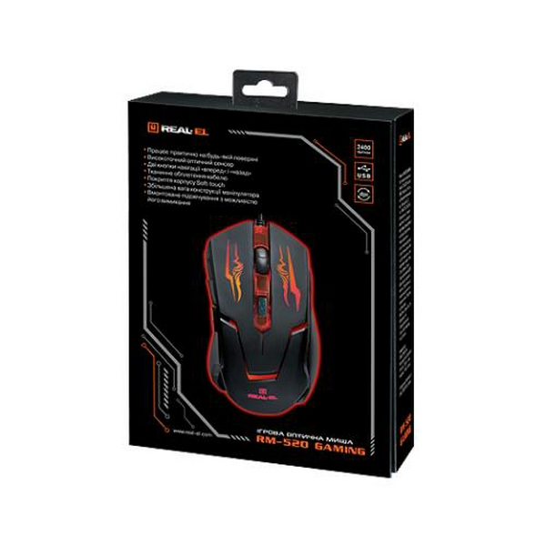 Миша REAL-EL RM-520 Gaming, Black, USB, оптична, 800/1200/1600/2400 dpi, 5 кнопок, 1,5 м, LED підсвічування - 4
