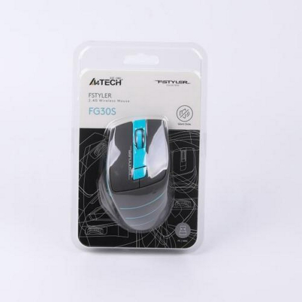 Миша A4Tech Fstyler FG30S, Gray/Blue, USB, бездротова, оптична, безшумна, 1000/1600/2000 dpi, 125 Hz, 6 кнопок, 1xAA  - 8
