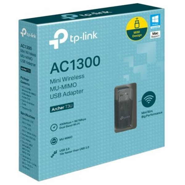 Мережевий адаптер USB TP-LINK Archer T3U, Black, 5GHz/2.4GHz, AC1300 (867/400 Мбіт/с), USB 3.0, мініатюрний розмір, MU-MIMO - 2