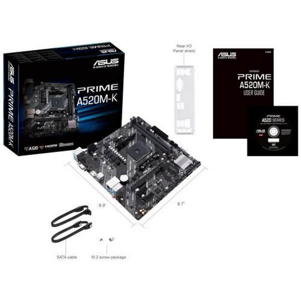 Мат.плата AM4 (A520) Asus PRIME A520M-K, A520, 2xDDR4, Int.Video(CPU), 4xSATA3, 1xM.2, 1xPCI-E 16x 3.0, 2xPCI-E 1x 3.0, ALC887, RTL8111H, 6xUSB3.2/6xUSB2.0, VGA/HDMI, MicroATX - 8