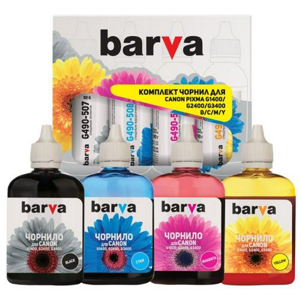 Комплект чорнил Barva Canon GI-490, для G1400/G2400/G3400, Black / Cyan / Magenta / Yellow, 4x90 мл чорнил (CG490-090-MP)