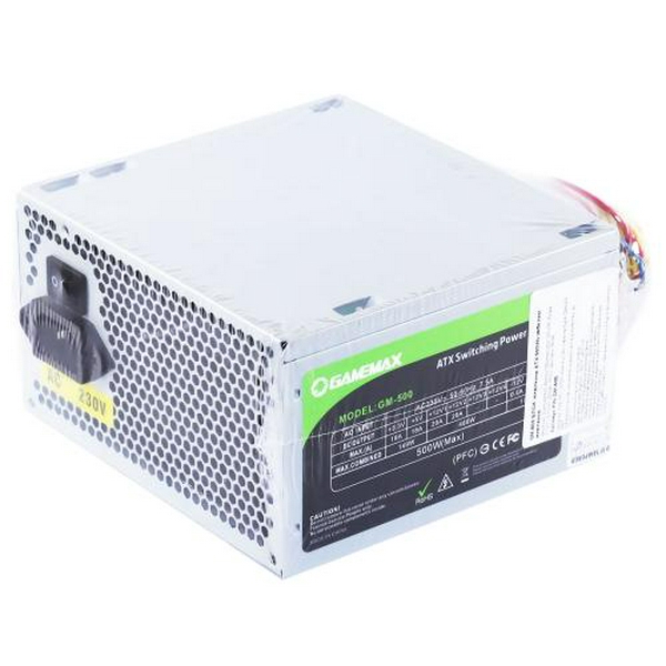 Блок живлення 500 Вт, GameMax GM-500, 80+ Basic, Active PFC, 12 см, 3xSATA / 1x6pin / 1x4+4-pin / 1x20+4-pin, захист OVP / UVP / SIP / OCP / OLP / OPP / SCP