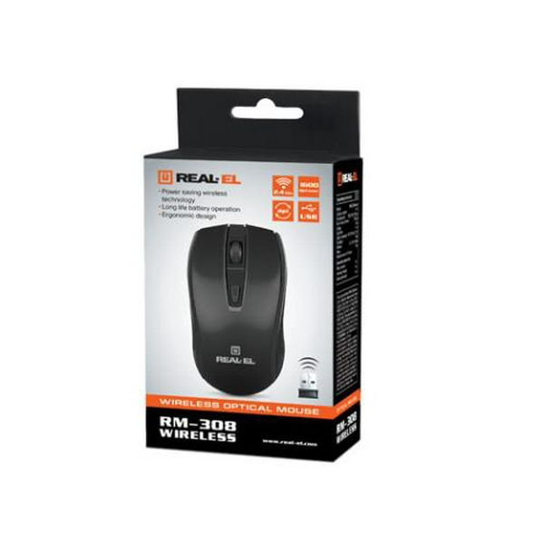 Миша REAL-EL RM-308 Wireless, Black, бездротова, USB, оптична, 1600 dpi, 4 кнопки, 2xAAA (RM-308) - 9