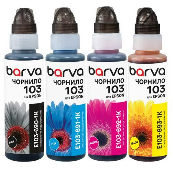 Комплект чорнил Barva Epson L1110, L3100, L3101, L3110, L3150, L3151, Black / Cyan / Magenta / Yellow, 4x100 мл, флакони OneKey (E103-1K-MP)