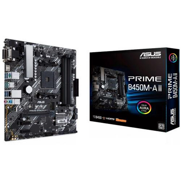 Мат.плата AM4 (B450) Asus PRIME B450M-A II, B450, 4xDDR4, Int.Video(CPU), 6xSATA3, 1xM.2, 1xPCI-E 16x 3.0, 2xPCI-E 1x 2.0, ALC887, RTL8111H, 8xUSB3.2/4xUSB2.0, VGA/DVI-D/HDMI, mATX