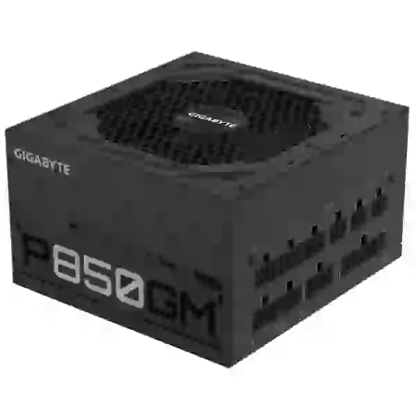 Блок живлення 850 Вт, Gigabyte P850GM, Black, модульний, 120 мм (HYB), Active PFC, 80 Plus Gold, MB: 20+4 pin, CPU: 4+4 pin, VGA: 4 x 6+2 pin, 3xMolex / 1xFDD / 8xSATA, захист: OVP/OPP/SCP/UVP/OCP/OTP (GP-P850GM)