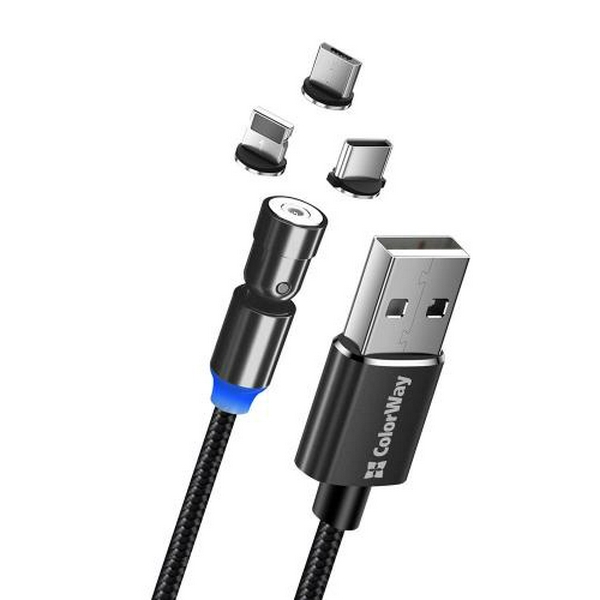 Кабель USB AM - Type-C / Lightning / microUSB, 1 м, Black, ColorWay, 2.4A, змінні магнітні конектори, ротація на 540°, Braided Nylon (CW-CBUU037-BK)