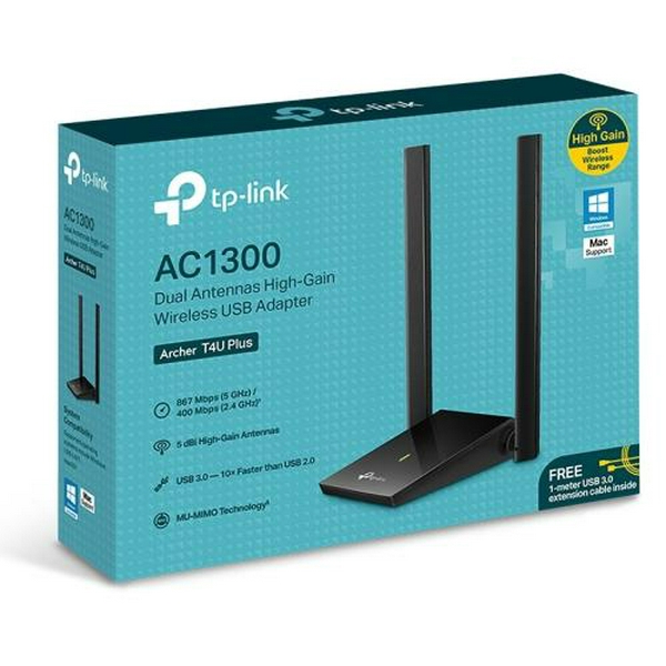 Мережевий адаптер USB TP-LINK Archer T4U Plus, Black, 5GHz/2.4GHz, AC1300 (867/400 Мбіт/с), USB 3.0, високопотужні антени, MU-MIMO - 5