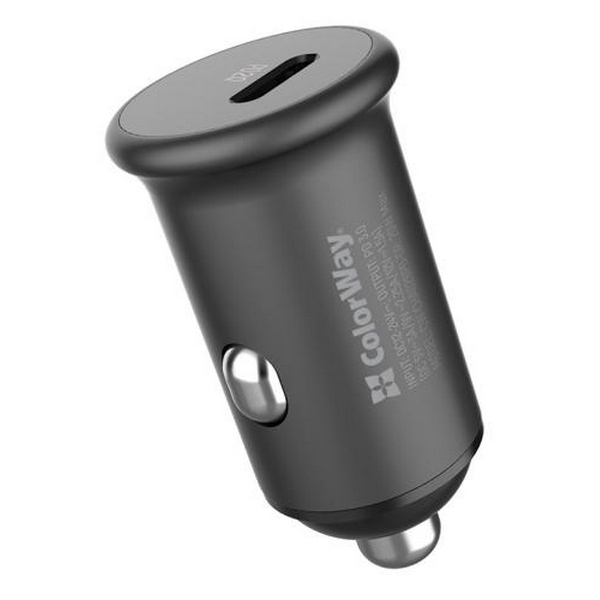 Автомобільний зарядний пристрій ColorWay, Black, 1xUSB-C, PD, QC3.0, 3A (CW-CHA028PD-GR)