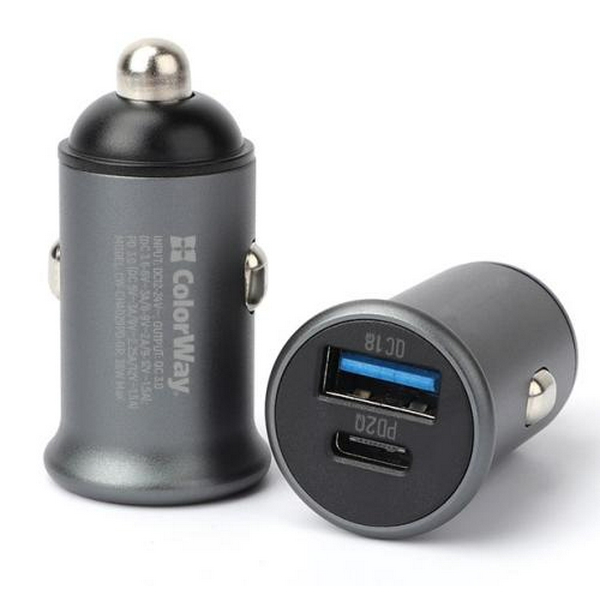 Автомобільний зарядний пристрій ColorWay, Black, 1xUSB/QC3.0, 1xUSB-C/PD, 3A (CW-CHA029PD-GR)