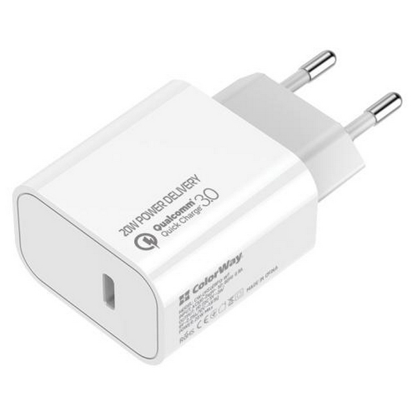 Мережевий зарядний пристрій ColorWay, White, 1xUSB-C, PD, 3A, 20W (CW-CHS026PD-WT)