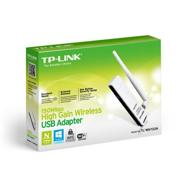 Мережевий адаптер USB TP-LINK TL-WN722N, White, до 150 Мбит/с, 802.11n, WPS, USB 2.0, знімна антена - 2