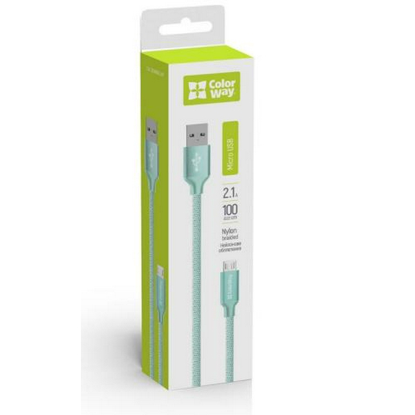 Кабель USB 2.0 AM - microUSB (5P), 1 м, Mint, ColorWay, 2.1A (CW-CBUM002-MT) - 2