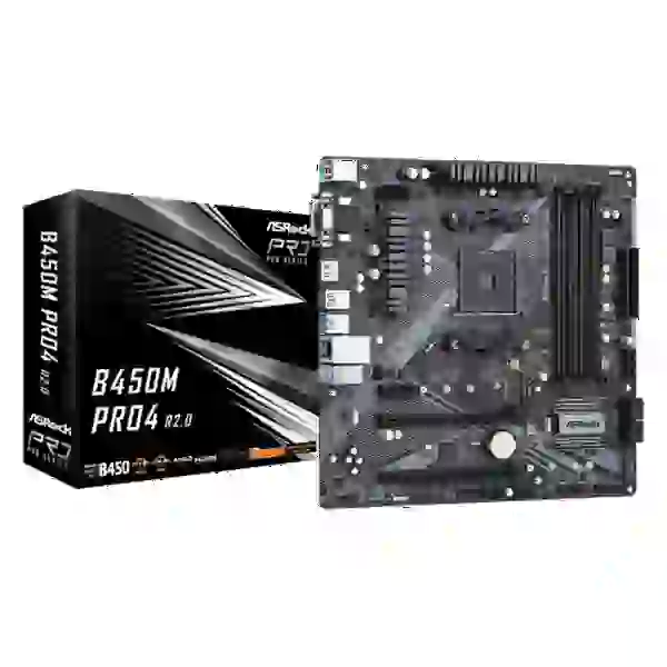 Мат.плата AM4 (B450) AsRock B450M Pro4 R2.0, B450, 4xDDR4, CrossFire, Int.Video(CPU), 4xSATA3, 1xM.2, 1xPCI-E 16x 3.0, 1xPCI-E 16x 2.0, 1xPCI-E 1x 2.0, ALC892, RTL8111H, 8xUSB3.2/4xUSB2.0, VGA/DVI-D/HDMI, MicroATX