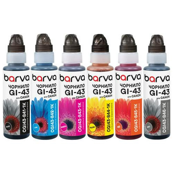 Комплект чорнил Barva Canon GI-43 для G540, G640, Black / Cyan / Grey / Magenta / Red / Yellow, 6x100 мл, водорозчинні, флакони OneKey (CGI43-1K-MP)