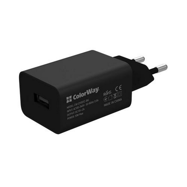 Мережевий зарядний пристрій ColorWay, Black, 1xUSB, 2A, 10W, кабель USB-C (CW-CHS012CC-BK)