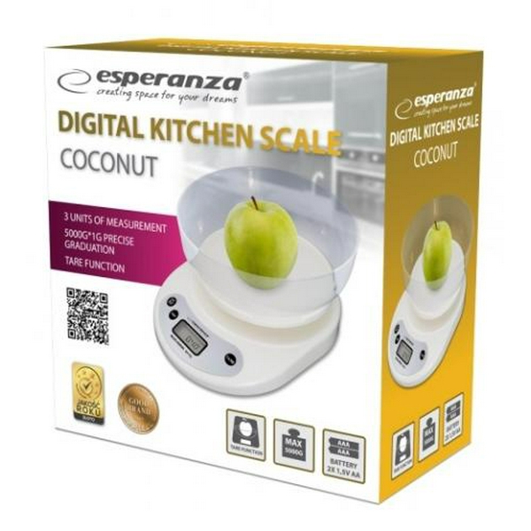 Ваги кухонні Esperanza EKS007 Coconut, White, до 5 кг, чаша для зважування, 2xAA - 2