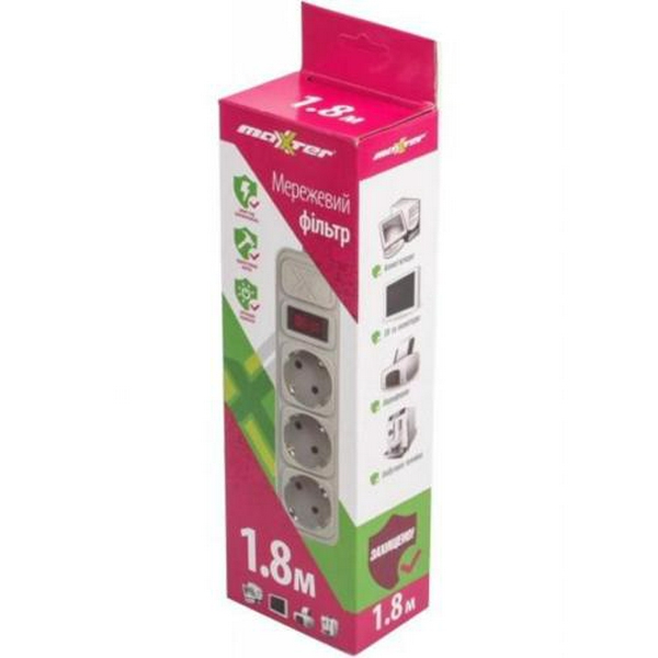 Фільтр мережевий Maxxter, 3 розетки, 1.8 м, Grey, 10А, до 2.2 кВт, вимикач, заземлення, 3x0.5 мм² (SPM3-G-6G) - 2