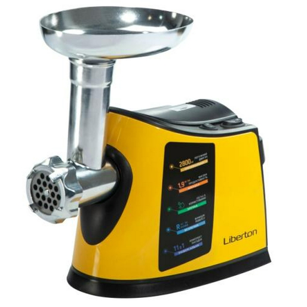 М'ясорубка Liberton LMG-28BST, Yellow, 2800W, продуктивність 1.9 кг/хв, 3 диски з отворами 3/5/7мм, барабани для терки та шатківниці, насадка для томатів/ковбасок/кеббе, реверс