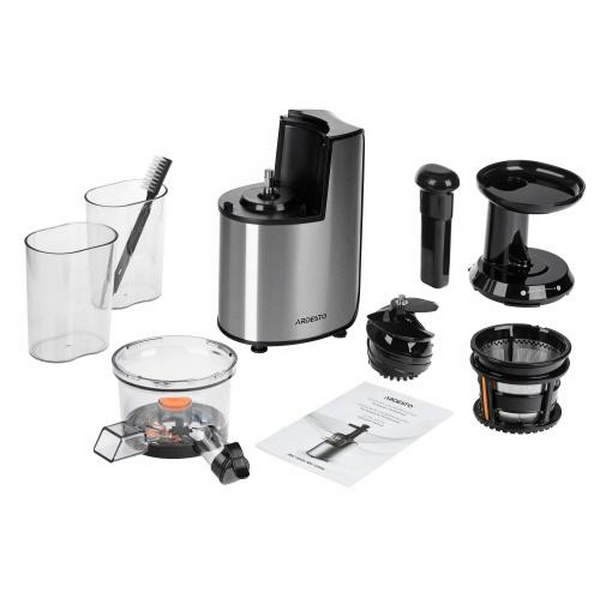 Соковитискач Ardesto JEG-1330S шнекова, 200Вт, 1 швидкість, "крапля стоп", завантаження "цілком" шириною 40мм, обсяг резервуара для м'якоті: 0.6л, обсяг резервуара для соку: 0.6л, нержавійка - 4