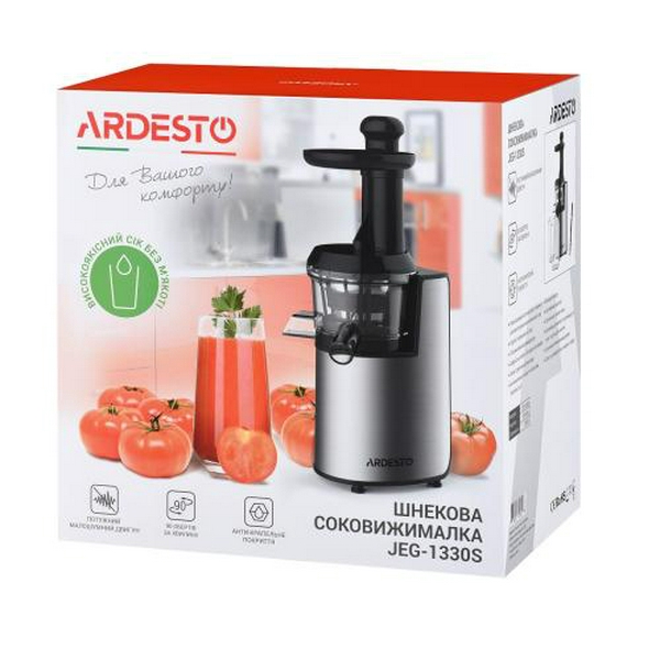 Соковитискач Ardesto JEG-1330S шнекова, 200Вт, 1 швидкість, "крапля стоп", завантаження "цілком" шириною 40мм, обсяг резервуара для м'якоті: 0.6л, обсяг резервуара для соку: 0.6л, нержавійка - 5