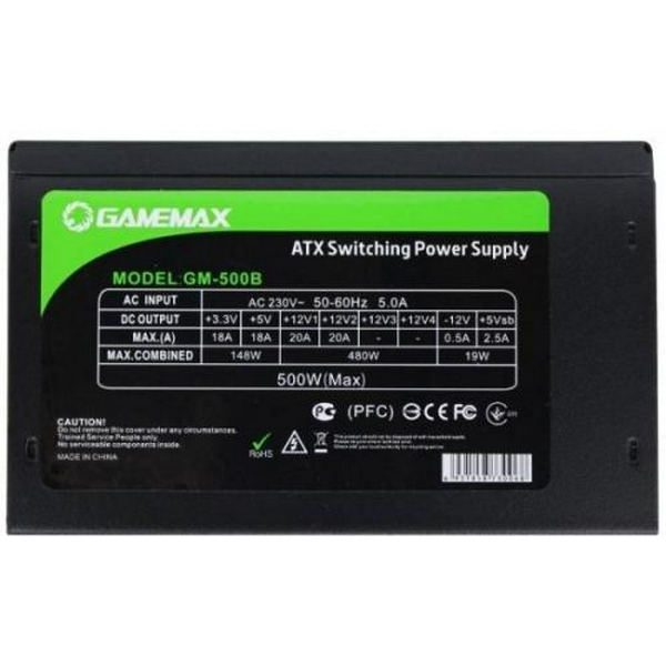 Блок живлення 500 Вт, GameMax GM-500B, Black, 80+ Basic, Active PFC, 12 см, 3xMolex / 2xSATA / 1x6+2-pin / 1x4+4-pin / 1x20+4-pin, захист OVP / UVP / SIP / OCP / OLP / OPP / SCP - 3