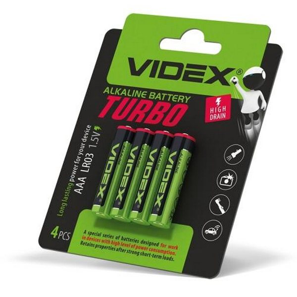 Батарейка AAA (LR03), лужна, Videx Turbo, 4 шт, 1.5V, Blister