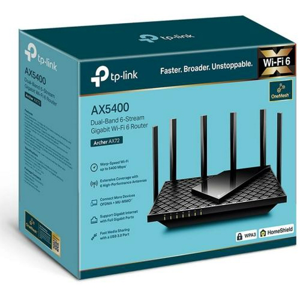 Роутер TP-LINK Archer AX72, Black, Wi-Fi 6, до 5400 Mb/s, 2.4/5GHz, 4x100/1000 Mb/s, RJ45 100/1000Mb/s (Gb), 6 зовнішні незнімні антени, 1 х USB 3.0 - 4