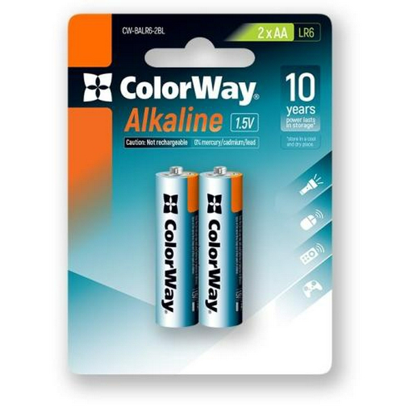 Батарейка AA (LR6), лужна, ColorWay Alkaline Power, 2 шт, 1.5V, Blister (CW-BALR06-2BL)