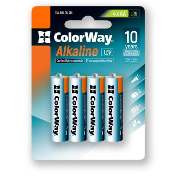 Батарейка AA (LR6), лужна, ColorWay Alkaline Power, 4 шт, 1.5V, Blister (CW-BALR06-4BL)