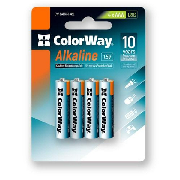 Батарейка AAA (LR03), лужна, СolorWay Alkaline Power, 4 шт, 1.5V, Blister (CW-BALR03-4BL)