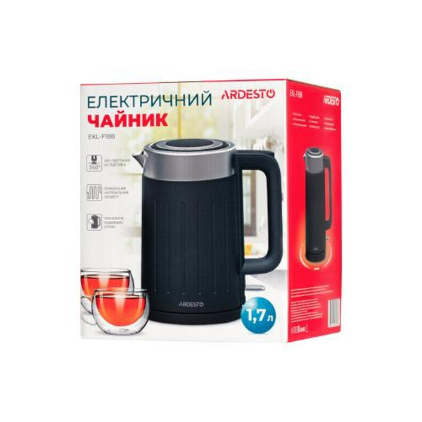 Електрочайник Ardesto EKL-F18B, Black/Silver, 2200 Вт, 1.7 л, дисковий, індикатор роботи, корпус пластик/метал, захист від перегріву та автоматичне відключення при відсутності води - 6