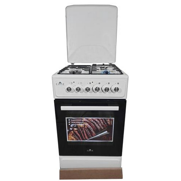 Плита комбінована Castle CPEG-50W, White, поворотні перемикачі, 3 газ+1 електр (1000Вт) конфорки, автопідпал інтегрований, решітка металева емальована, електрична духовка з подвійним склом, конвекція, підсвітка, два тени, металева кришка, 50x60x86.5с