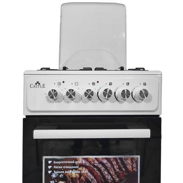 Плита комбінована Castle CPEG-50W, White, поворотні перемикачі, 3 газ+1 електр (1000Вт) конфорки, автопідпал інтегрований, решітка металева емальована, електрична духовка з подвійним склом, конвекція, підсвітка, два тени, металева кришка, 50x60x86.5с - 2