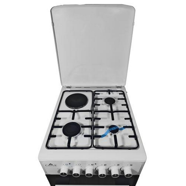 Плита комбінована Castle CPEG-50W, White, поворотні перемикачі, 3 газ+1 електр (1000Вт) конфорки, автопідпал інтегрований, решітка металева емальована, електрична духовка з подвійним склом, конвекція, підсвітка, два тени, металева кришка, 50x60x86.5с - 3