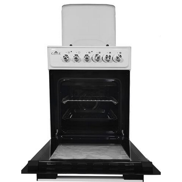 Плита комбінована Castle CPEG-50W, White, поворотні перемикачі, 3 газ+1 електр (1000Вт) конфорки, автопідпал інтегрований, решітка металева емальована, електрична духовка з подвійним склом, конвекція, підсвітка, два тени, металева кришка, 50x60x86.5с - 4