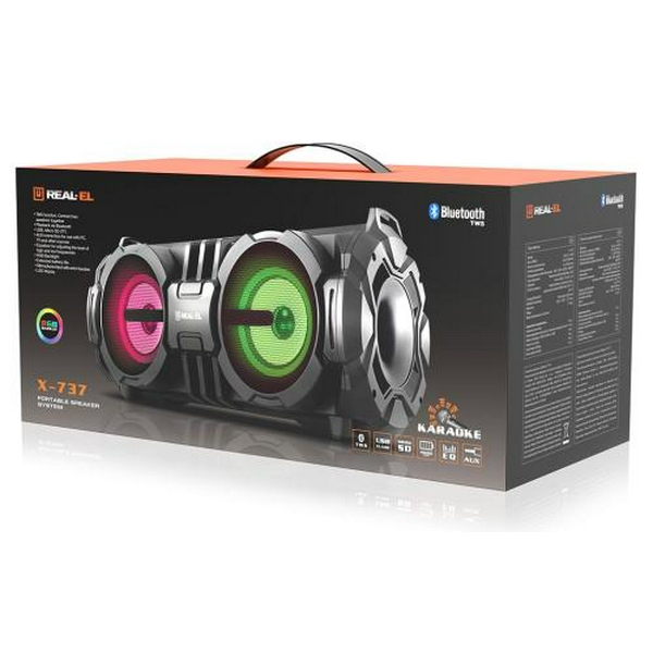 Колонка портативна 2.0 REAL-EL X-737 Black, 2 x 14 Вт, пластиковий корпус, Bluetooth, USB, живлення від акумулятора, 4000 мА * год, керування зверху - 6