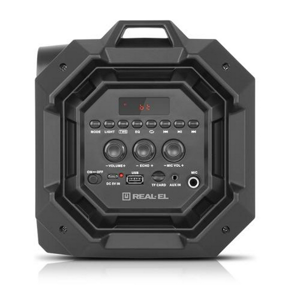 Колонка портативна 2.0 REAL-EL X-751 Black, 2 x 18 Вт, пластиковий корпус, Bluetooth, MicroSD / USB, живлення від акумулятора, 4000 мА * год, керування збоку - 5