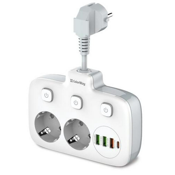 Фільтр мережевий ColorWay, 2 розетки, 2.5 см, White, 1xType-C (20 Вт) / 3xUSB (18 Вт / 2x12 Вт), 10А, дріт з міді (до 2500 Вт), індивідуальний вимикач (CW-CHU33B)